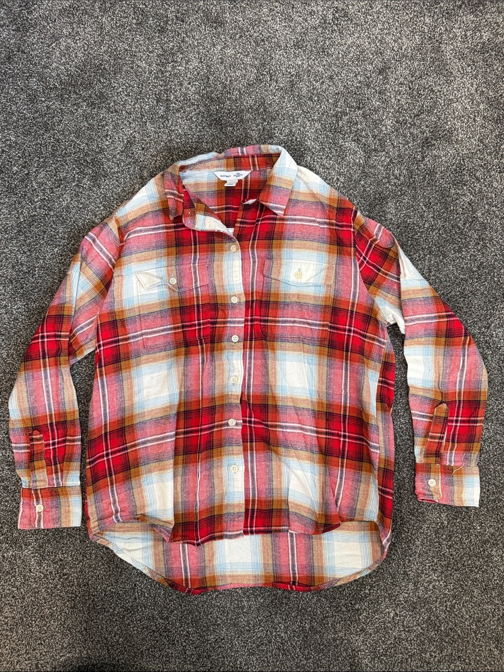 Old Navy Red Plaid Button-Down Boyfriend Shirt with Cream and Light Blue